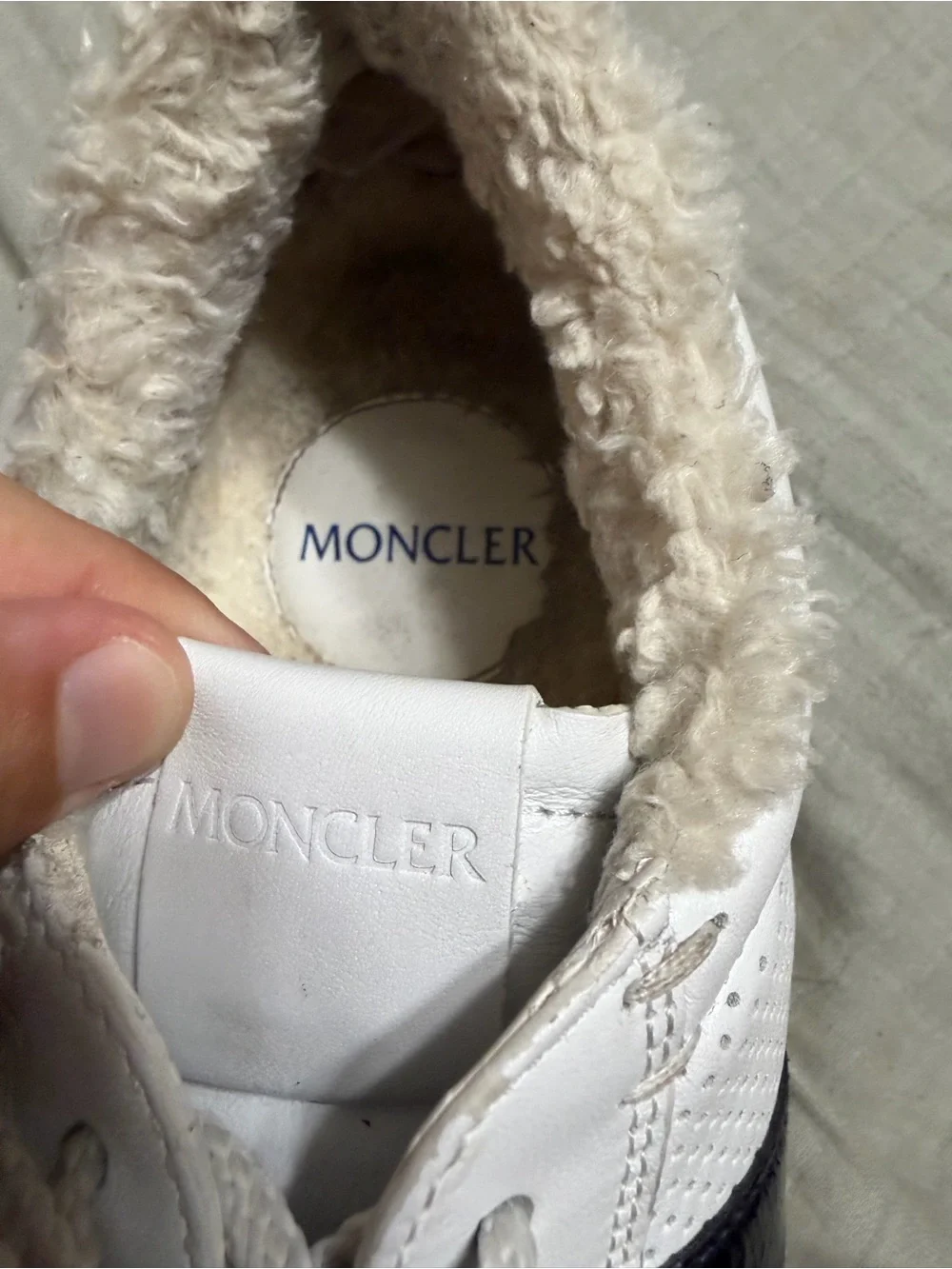 Moncler Ryegrass White Leather Sneaker with Red, Silver & Blue Metallic Stripes
